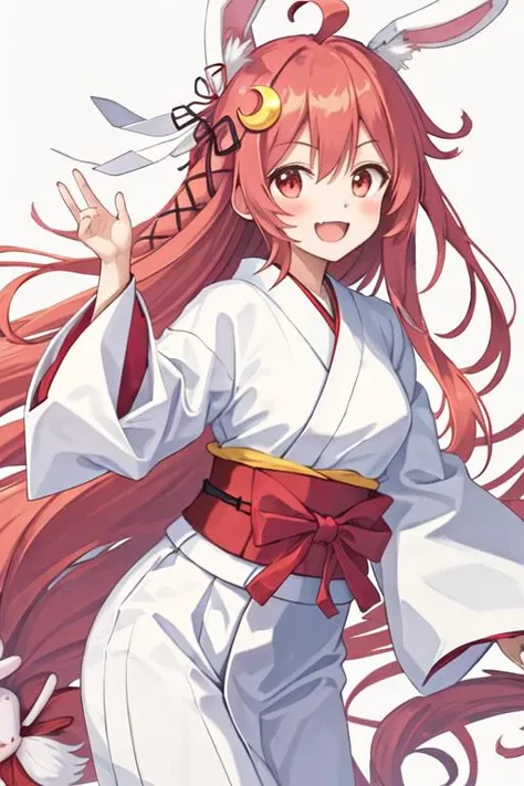 best quality, masterpiece, highres, solo, {white kimono:1.35}, {red hakama:1.35}, {wide sleeves:1.20}, {uzuki_kantaicollection:1.15}, hair_ornament, crescent, long_hair, crescent_hair_ornament, ahoge, red_eyes, ribbon, serafuku, pink_hair, hair_ribbon, smile, open_mouth, blush, red_hair, rabbit_hair_ornament, very_long_hair, low-tied_long_hair, animal_ears