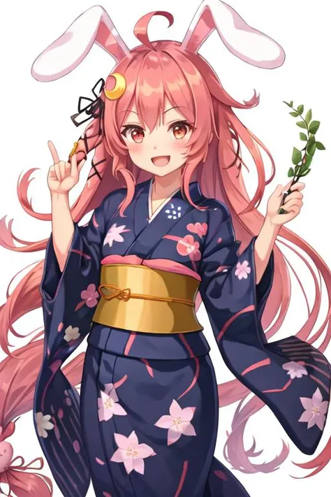 best quality, masterpiece, highres, solo, {yukata:1.40}, {kimono:1.20}, {uzuki_kantaicollection:1.15}, hair_ornament, crescent, long_hair, crescent_hair_ornament, ahoge, red_eyes, ribbon, serafuku, pink_hair, hair_ribbon, smile, open_mouth, blush, red_hair, rabbit_hair_ornament, very_long_hair, low-tied_long_hair, animal_ears