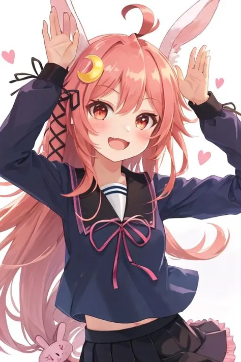 best quality, masterpiece, highres, solo, {uzuki_kantaicollection:1.15}, hair_ornament, crescent, long_hair, crescent_hair_ornament, ahoge, red_eyes, ribbon, serafuku, pink_hair, hair_ribbon, smile, open_mouth, blush, red_hair, rabbit_hair_ornament, very_long_hair, low-tied_long_hair, animal_ears, 1girl, black_skirt, looking_at_viewer, sailor_collar, school_uniform, skirt, blue_shirt, shirt, pleated_skirt, black_sailor_collar, frilled_skirt, frills, white_background