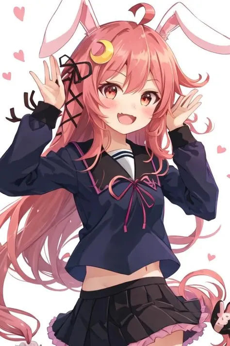 best quality, masterpiece, highres, solo, {uzuki_kantaicollection:1.15}, hair_ornament, crescent, long_hair, crescent_hair_ornament, ahoge, red_eyes, ribbon, serafuku, pink_hair, hair_ribbon, smile, open_mouth, blush, red_hair, rabbit_hair_ornament, very_long_hair, low-tied_long_hair, animal_ears, 1girl, long_sleeves, looking_at_viewer, pleated_skirt, school_uniform, skirt, pink_eyes