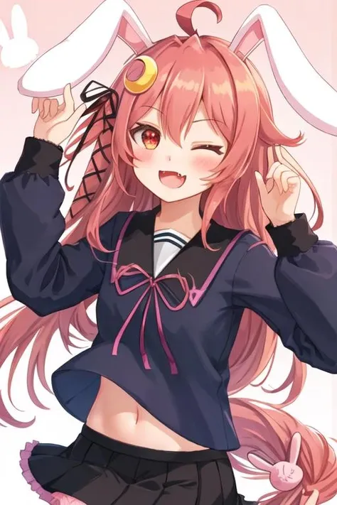 best quality, masterpiece, highres, solo, {uzuki_kantaicollection:1.15}, hair_ornament, crescent, long_hair, crescent_hair_ornament, ahoge, red_eyes, ribbon, serafuku, pink_hair, hair_ribbon, smile, open_mouth, blush, red_hair, rabbit_hair_ornament, very_long_hair, low-tied_long_hair, animal_ears, 1girl, fang, looking_at_viewer, rabbit_ears, school_uniform, ;d, one_eye_closed, long_sleeves, upper_body