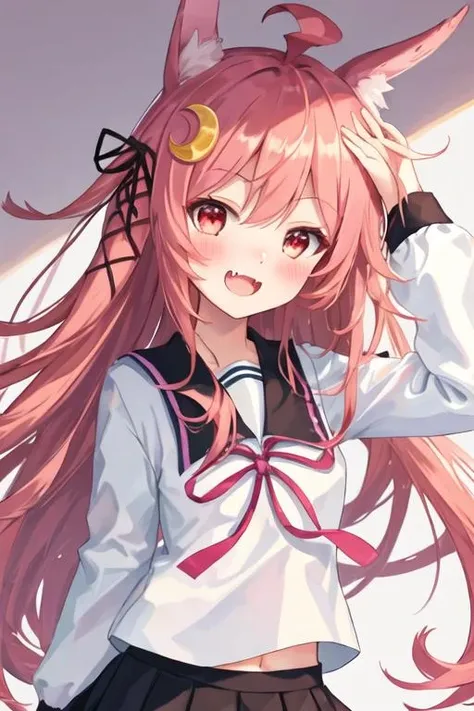 best quality, masterpiece, highres, solo, {uzuki_kantaicollection:1.15}, hair_ornament, crescent, long_hair, crescent_hair_ornament, ahoge, red_eyes, ribbon, serafuku, pink_hair, hair_ribbon, smile, open_mouth, blush, red_hair, rabbit_hair_ornament, very_long_hair, low-tied_long_hair, animal_ears, 1girl, looking_at_viewer, school_uniform, fang, pink_eyes, upper_body, sailor_collar