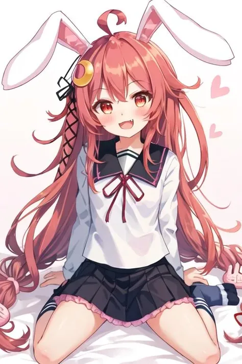 best quality, masterpiece, highres, solo, {uzuki_kantaicollection:1.15}, hair_ornament, crescent, long_hair, crescent_hair_ornament, ahoge, red_eyes, ribbon, serafuku, pink_hair, hair_ribbon, smile, open_mouth, blush, red_hair, rabbit_hair_ornament, very_long_hair, low-tied_long_hair, animal_ears, 1girl, looking_at_viewer, rabbit_ears, school_uniform, skirt, sitting, fang, long_sleeves, socks, wariza