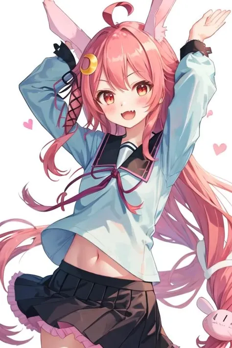 best quality, masterpiece, highres, solo, {uzuki_kantaicollection:1.15}, hair_ornament, crescent, long_hair, crescent_hair_ornament, ahoge, red_eyes, ribbon, serafuku, pink_hair, hair_ribbon, smile, open_mouth, blush, red_hair, rabbit_hair_ornament, very_long_hair, low-tied_long_hair, animal_ears, 1girl, :d, black_sailor_collar, blue_shirt, fang, long_sleeves, looking_at_viewer, neck_ribbon, pink_ribbon, sailor_collar, school_uniform, shirt, bangs, black_skirt, pleated_skirt, rabbit_ears, skirt, black_ribbon, kemonomimi_mode, arms_up, navel