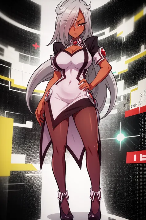 masterpiece, best quality, 1girl, hackadoll0, long hair, grey hair, hair over one eye, red eye, dark skin, large breasts, minidress, high heels, pantyhose, standing, contrapposto, digital background <lora:HackaDoll0:1>