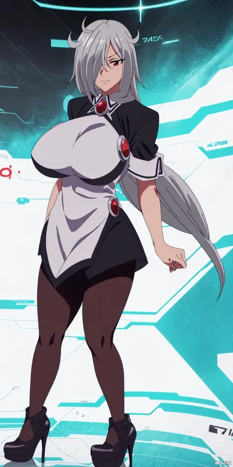 masterpiece, high quality, best quality, 1girl, (muscular female:1.0), (super gigantic breasts:1.0), (closed mouth, half smile), hackadoll0, long hair, grey hair, hair over one eye, red eye, dark skin, large breasts, minidress, high heels, (black leggings:1.5), anime screencap, anime key visual, (fully clothed:1.0), full body <lora:HackaDoll0:1>