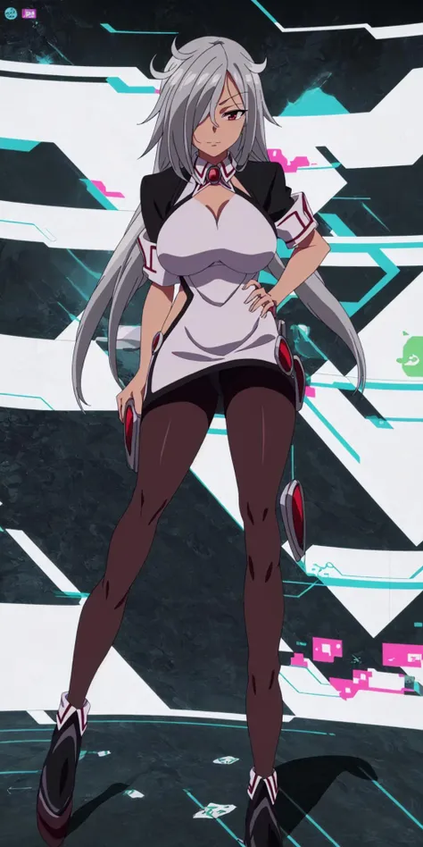masterpiece, high quality, best quality, 1girl, (muscular female:1.0), (super gigantic breasts:1.0), (closed mouth, half smile), hackadoll0, long hair, grey hair, hair over one eye, red eye, dark skin, large breasts, minidress, high heels, (black leggings:1.5), anime screencap, anime key visual, (fully clothed:1.0), full body <lora:HackaDoll0:1>