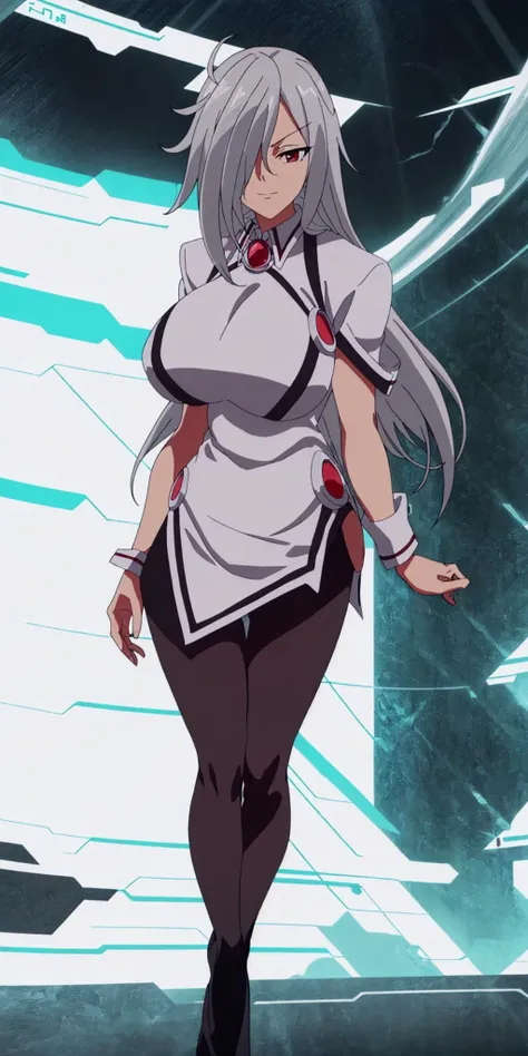 masterpiece, high quality, best quality, 1girl, (muscular female:1.0), (super gigantic breasts:1.0), (closed mouth, half smile), hackadoll0, long hair, grey hair, hair over one eye, red eye, dark skin, large breasts, minidress, high heels, (black leggings:1.5), anime screencap, anime key visual, (fully clothed:1.0), full body <lora:HackaDoll0:1>