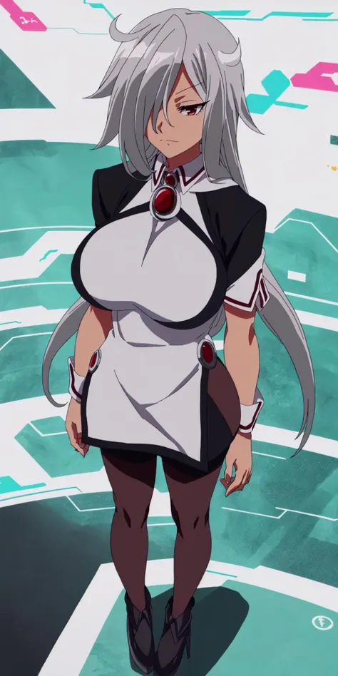 masterpiece, high quality, best quality, 1girl, (muscular female:1.0), (super gigantic breasts:1.0), (closed mouth, half smile), hackadoll0, long hair, grey hair, hair over one eye, red eye, dark skin, large breasts, minidress, high heels, (black leggings:1.5), anime screencap, anime key visual, (fully clothed:1.0), full body <lora:HackaDoll0:1>