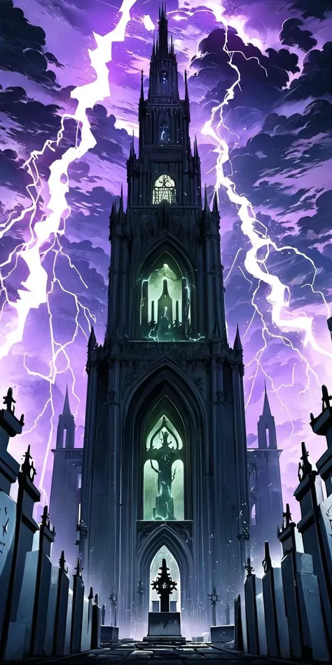 (Babel Tower), Ancient European tower
lots of lightning in the sky, purple and white and blue lightning, (Extremely detailed)
(dark and scary graveyard was full of green_flames)
Gothic architecture, No human