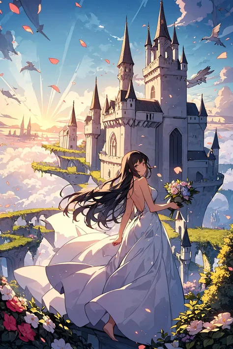 [nsfw:0.8], (back), white dress, (bare feet), (floating)
/=
(Extremely detailed floating city:1.3), ((1 detailed mirage-castle floats above the clouds)and(Detailed floats minarets illusion, detailed floats belfry illusion)and(Highly transparent mirage)and(Detailed view of the base of the Mirage castle)),ultra-detailed,extremely detailed and beautiful, sky and white cloud and sunset glow background,ultra-detailed birds, (floating city in bloom, Floating petals, blooming gardens in the sky,  many vines on the wall:1.2)
Imagination, dream
/=
1 girl, (1 girl at floating city:1.3), (solo), (floating), behind head, (full body), (Backless dress), the girl away from camera, (long black hair), Oily skin
(an extremely delicate and beautiful), (detailed light), volume light, best shadow, flash, Depth of field, Holy Light, (Super wide Angle lens)