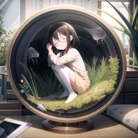 (by tezuka osamu:0.1|by makoto shinkai:0.7|by junji ito:0.2),masterpiece, highres, ultra_absurdity, on desk, 1 cute little girl, eye_closed, sleepy, from_side, ((fetal_position)),  inside a glass ball , fishes:0.2 and seagrass, chibi, full body, (octane rendering:0.3|watercolor:0.6), looking at viewer, white_seethrough_thighhighs, (eyeglasses), brown shoes, yellow_floral_dress, <lora:blindbox_v3:0.7>