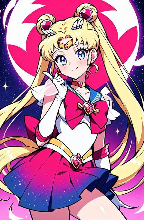 masterpiece, best quality, (1girl), supersailormoon, detailed face, smile, face focus, cowboy shot, nigh sky, moonlight, moon, sakura trees, city at night, white gloves, detailed eyes, detailed face, galaxy background, detailed background, multicolored clothes, sailor senshi uniform, multicolored skirt, hair ornament, red bow, brooch, heart brooch, earrings, crescent, heart choker, heart, miniskirt, very long hair, back bow, crescent earrings, tiara, yellow choker, boots, knee boots, red footwear,