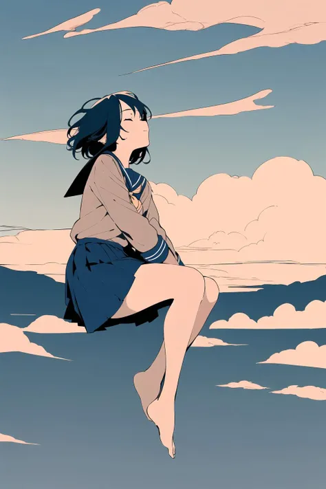 1girl, sleep, relaxed, closed eyes, tilt head, breasts, crossed arms, (beige hair, short hair)
(dark blue school uniform, dark blue skirt, barefoot)
(beautiful detailed sky, blue sky, above the clouds), (sitting on clouds), wind, full body, wide shot
(flat color:1.2), (best quality, masterpiece:1.2, highres, hyper detailed), lineart