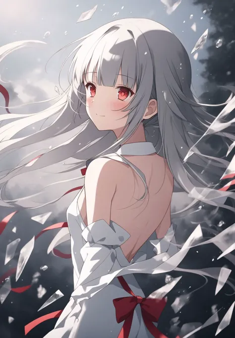 Brilliant light and shadow,Back lit,1girl, side blunt bangs,hairs between eyes,Red eyes,delicate face, ribbons,White Dress, bowties, buttons, bare shoulders,Detached Sleeve,(small breast), ((breeze)), Flying splashes,wind,Long flowing hair,(Broken glass),Grey hair,The flying water,Hair covering your body,The flying red ribbon,
(Ink painting style),
[:(Delicate arms and hands):0.8]