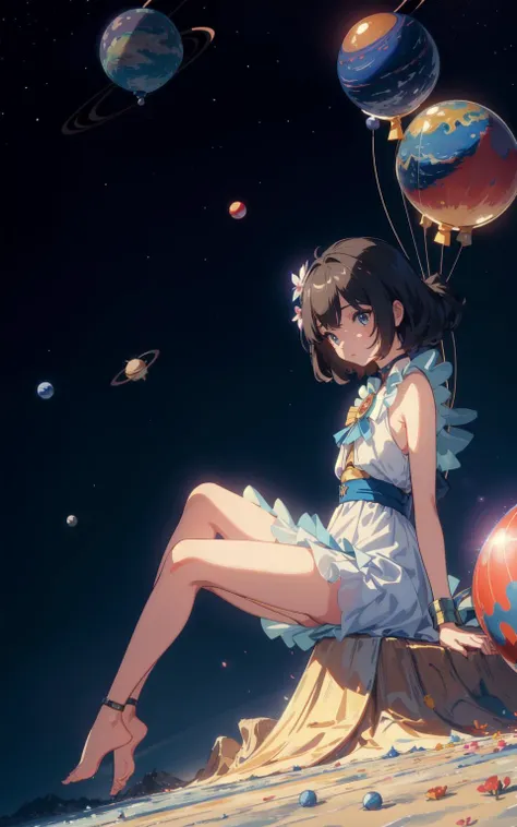 masterpiece, best quality, ([balloons:Small planets:0.5]:1.4), (Small_planets inside of balloons:1.4), (lots of colorful Small_planets:1.35) (colorful planets, earth, floating petals, big balloons:1.22), 1 girl, cute face, Full body, sitting, detailed beautiful eyes, bare legs, costume combination, Goddess, perfect body, [nsfw:0.88] (sitting on ice_planet:1.22) (lots of [floting blue Butterflies:floting ice:0.4]:1.22) (detailed light), (an extremely delicate and beautiful), volume light, best shadow,cinematic lighting, Depth of field, dynamic angle, Oily skin,
