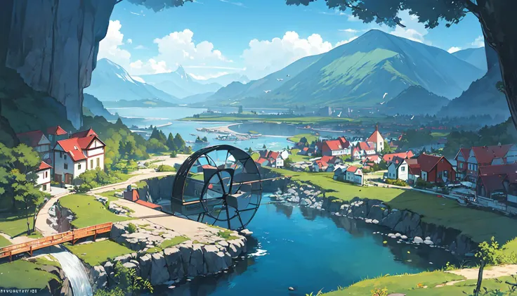 summer, landscape, scenery, watermill, water wheel, river, (waterfall), clif, port town, valley, bird's-eye view, wide-angle view, castle, birds, fantasy, jrpg, beautiful sea, high contrast, hot air balloon,
masterpiece, top quality, best quality, Vibrant Color Palette, Depth of Field, Emotional Lighting, Immersive Visuals, Luminous and Atmospheric