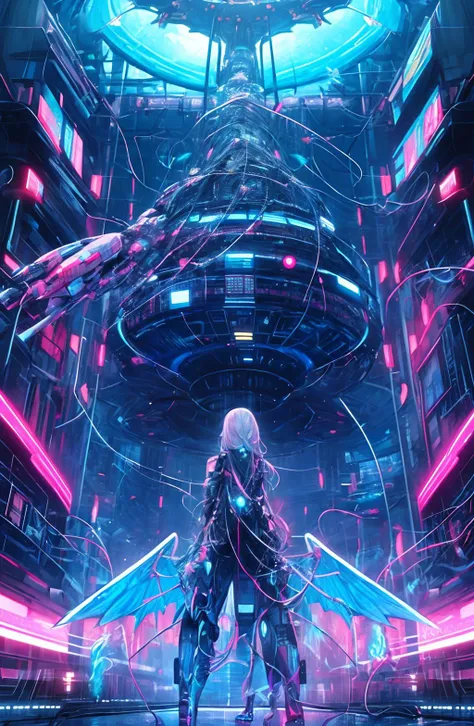 a woman, 1girl, [robotic limbs],
sci-fi, science fiction, cyberpunk, spaceship, spacecraft,
wires, cables, circuits, coil, circuitry,
hacker,
(hologram),
wings,
neon lights,
twisted, tangle, entangle, swirl, spiral,
glowing, aura, chaos, shimmer,
magical, magic, mystical, 
<lora:more_details:0.3>