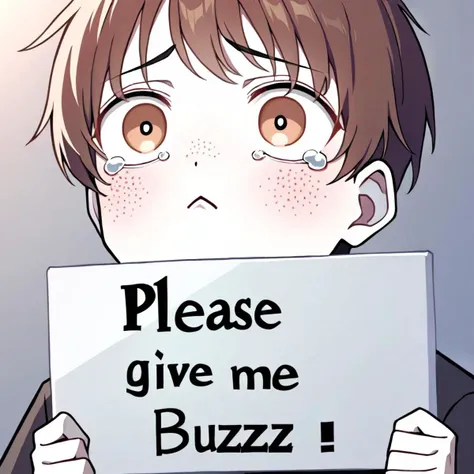 1boy, with white skin, freckles, brown hair, pleading, big eyes, pupils dilated, tears, :<, holding a sign that says 'please give me buzz'
BREAK