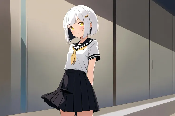 Petite, 1 girl, Solo, Small girl, (White hair, Medium curved bob: 1.2),Yellow eyes, Medium breasts, School shirt, School skirt, Standing, From forward
