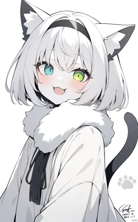 1girl, best quality, colored sclera, heterochromia, furry female, open mouth, cat tail, white background, furry, pawpads, looking at viewer, signature, monochrome, blush, cat ears, cat girl, hairband, scarf, smile, fur, dated, fur scarf, cat boy, eyelashes, artist name, greyscale, fangs, animal ears, tail, portrait, black sclera, :3, white eyes, solo, :d, short hair, bob cut, koban (gold), green eyes, simple background,
masterpiece, newest, absurdres, safe