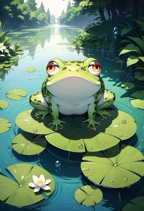 ((masterpiece)),((best quality)), 8k, high detailed, ultra-detailed, A charming and adorable frog with big, expressive eyes, perched on a lily pad in a serene pond, surrounded by water droplets and lush greenery, capturing the whimsical beauty of nature. Charming frog, big expressive eyes, lily pad, serene pond, water droplets, lush greenery