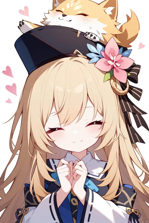 1girl, Best quality, genshin, ((quan (kurisu tina))),(portrait),upper body,close-up,year 2023, happy, long sleeves, ribbon trim, blush, hat, wolf, closed mouth, smile, closed eyes, blonde hair, long hair, upper body, swept bangs, wide sleeves, heart, parted bangs, simple background, ribbon-trimmed sleeves,
masterpiece, newest, absurdres, safe