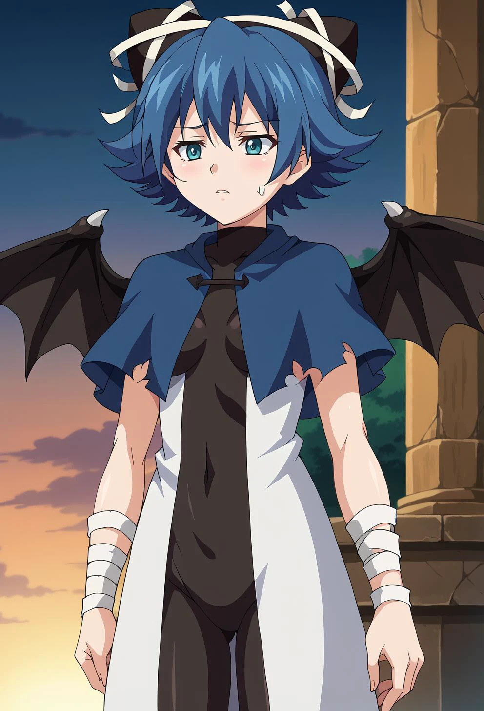 score_9, score_7_up, source_anime, BREAK <lora:Kuroinu_studio_Majin_style:1> kuroinu, anime screencap, <lora:Serene-Pony150per16Dim:1> serene_riviera, short_hair, blue_capelet, wings, white_coat, black_bodysuit, black_headwear, bandages, std_outfit, torn clothes,
