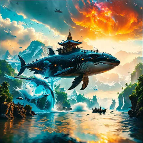 (masterpiece, best quality, ultra-detailed), (embedding:ziprealism:1), a beautiful fantasy landscape with floating islands in the background, whales flying in the sky, Faetastic