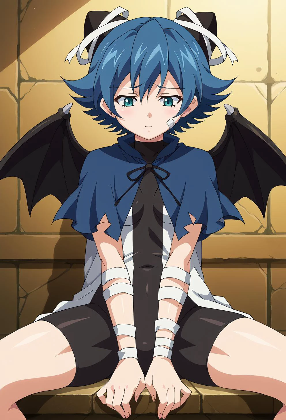 score_9, score_7_up, source_anime, BREAK <lora:Kuroinu_studio_Majin_style:1> kuroinu, anime screencap, <lora:Serene-Pony150per16Dim:1> serene_riviera, short_hair, blue_capelet, wings, white_coat, black_bodysuit, black_headwear, bandages, std_outfit, torn clothes, spread legs,
