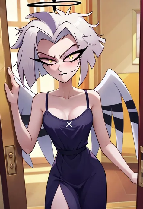 score_9, score_8_up, score_7_up, <lora:hazbin_hotel_ponyxl_v2:1>, 1girl, solo, lute, black halo, lewd nightgown, negligee, detailed face, black nightgown, sheer strap dress, sleeveless, black bow, messy hair, half-closed yellow eyes, looking at viewer, sleepy, standing, long shirt, bottomless, doorway, indoors, slightly thick thighs, rating_explicit, angel wings