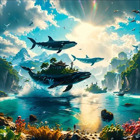 (masterpiece, best quality, ultra-detailed), (embedding:ziprealism:1), a beautiful fantasy landscape with floating islands in the background, whales flying in the sky, Faetastic
