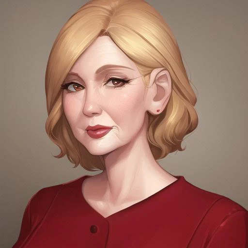 1girl, illustration, older woman, red dress, portrait, blond hair