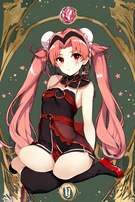 <lora:Tarot Card Style-000005:1> Tarot Card, 1girl, crystal earrings, long hair,pink hair, crescent facial mark, crescent, facial mark, hair bun, dress, art nouveau, forehead mark, twintails, very long hair, side slit, double bun, cone hair bun, earrings, jewelry, black dress, red footwear, red eyes, tarot, shoes