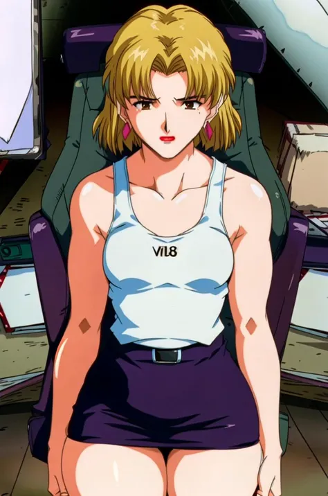 (masterpiece), (1girl:1.3), (sfw), ritsuko (wearing a tank top, wearing a short pencil skirt), ((small_tits)),  sitting posing for a picture in a (office:1.4), office chair, mole under eye, makeup, lipstick, red lips, earrings, short hair, ((blonde hair:1.6)), bangs, brown eyes, (extremely wide hips:1.5, extremely thick thighs:1.5), squishy skin,  (vhs:1.3), (analog quality:1.4), (film grain:1.6),  <lora:breastHelperBetaLORA_betaV1:0.5> <lora:ritsukoAkagi_v10:0.6> <lora:evangelion1995Style_v1:1>