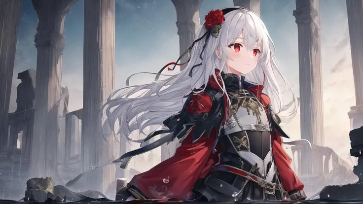 masterpiece, best quality, cinematic lighting,soft lighting,(1girl :1.3),morning,red eyes,beautiful white hair,(TechWear :1.1),transparent raincoatblack gloves,Black coat,(with red ornaments:1.05),(with blue ornaments:1.03),looking to the side,flat chest,raining,beautiful detailed water,beautiful detailed sky,ruins