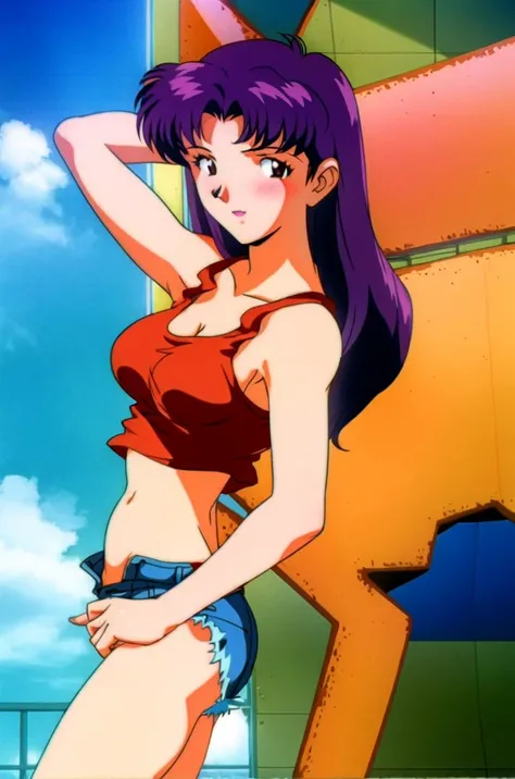 (1girl:1.3), katsuragi_misato wearing a yellow tank top, wearing micro shorts, posing for a picture in an apartment, medium_tits, purple hair, (analogue quality:0.6), (film grain:0.8) <lora:breastHelperBetaLORA_betaV1:0.4> <lora:misatoKatsuragiNeon_v10:0.6> <lora:evangelion1995Style_v1:0.85>