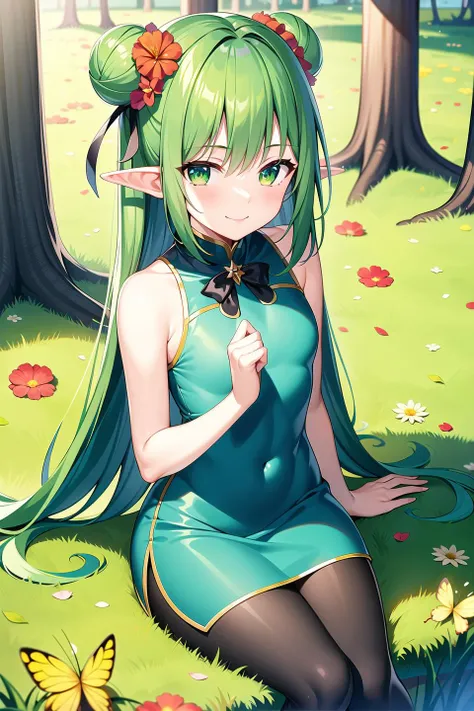 masterpiece, best quality, cowboy shot, sitting, arm support, looking at viewer, 1girl, solo, (petite:1.2), elf ears, double bun, long hair, green hair, flower hair ornament, evil smile, green eyes, small breasts, bare arms, bare shoulders, ribbon, (green:1.2) china dress, pantyhose, mary janes, shiny skin, game CG, grass, flower, butterfly, forest,