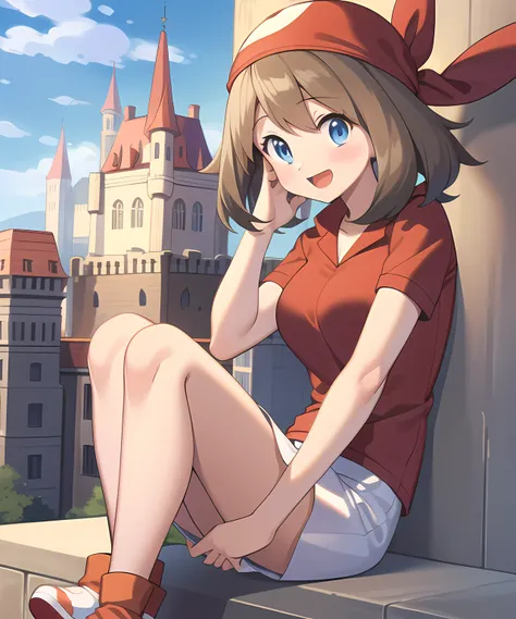 May_Anime, 1girl, solo,
blush, full body, hand on own knee, looking at viewer, open mouth, messy hair, sitting, sweet smile, adult face, two legs, two feet,
red bandana, red shirt, short sleeves, blue eyes, white skirt, <lora:harukaPokemon:0.6>
building, castle, cloud, day, sky, outdoors, tower,