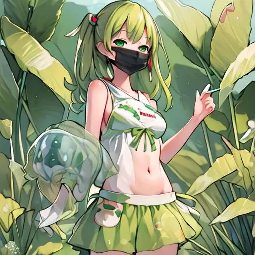 ((masterpiece)),(((best quality))),((ultra-detailed)),((illustration)),solo, 1girl, mask,chibi,full body,  t-shit,letterboxed, mouth_mask, ((surgical_mask)), green_eyes,looking at viewer,<hypernet:easynegative:1.0>