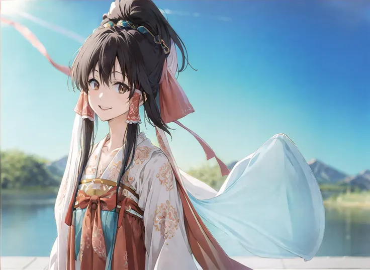 Kyoto Animation screencap,Anime screencap,masterpiece, 1girl, high quality, touhou, hakurei reimu, hanfu, tang style outfits,red ribbon, blue sky, sunlight, mountain,standing,looking at viewer, smile, portrait, upper body,