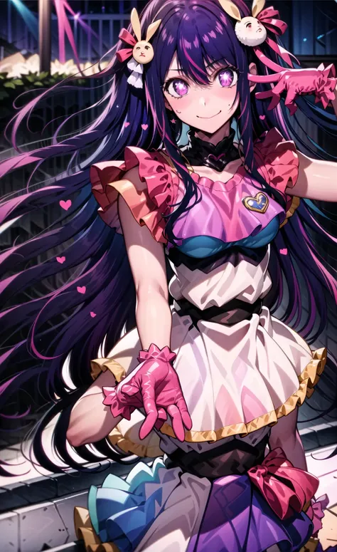 masterpiece, best quality, ultra-detailed,solo, hoshinoai, skirt, pink gloves, hair ornament, looking at viewer, heart, purple eyes, light purple hair,