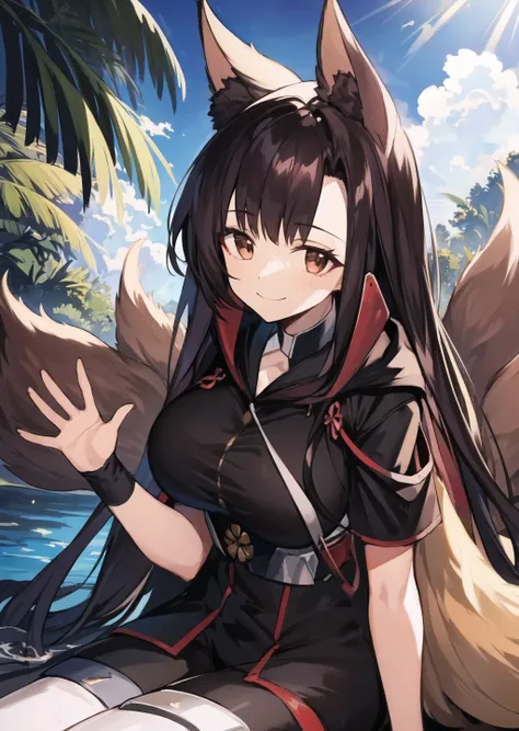 masterpiece, best quality, (anime), (illustration), cartoon, soothing tones, calm colors, detailed, detailed background, smile, akagi \(azur lane\), streaked hair, fox ears, red eyes, fox tail, brown hair, long hair, 6 tailed kitsune,kitsune, tail,(six fox tail:1.2), smile, hoodie, portrait, neon, graffiti, dark, night, glowing eyes, blacklight<lora:AkagiAzurLaneLORA_akagiv4:1> ,1girl, bodysuit:1.4 , night sky, detaled eyes, large breasts, cloud, dappled sunlight, day, outdoors, palm tree, shade, sidelocks, sky, smile, solo, sunlight, tree, water, waving thighs, looking at viewer,