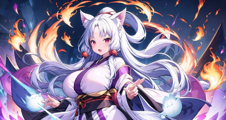 from front,animal ears, 1girl,huge breast,dynamic angle,hair ornament, (parted bangs:1.1),
japanese clothes, white hair, kimono, fox ears, fang,wide sleeves, sleeves past wrists, solo, sash, very long hair, looking at viewer,shawl, white kimono, ghost,
disdain, (smung:1.1),
cast magic,
detailed background,cartoon flames in background,
<lora:TouhokuItako_v10:0.5> <lora:gachaSplashLORA_v40:1>