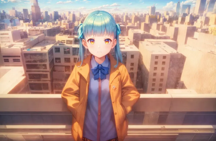 masterpiece,best quality, 1girl,, solo, twintails, hands in pockets, bow,blue hair, orange eyes, looking at viewer, bangs, skirt, shirt, jacket, bowtie, long hair, open clothes, closed mouth, collared shirt, hood, hair ribbon, ribbon, building, blunt bangs, city,dark gray  blue  open jacket, pleated skirt, school uniform, cityscape, long sleeves, outdoors , sunshine from left of the girl, pure blue sky , light green shirt,  sunlighted blueish city,   The farthest background is blue sea and blue sky, sea and sky horizon line
Negative prompt: EasyNegative , monochrome, greyscale,(low quality:1.3), (worst quality:1.3)，bad quality, normal quality, worst quality,  coat color not uniformed
Steps: 20, Sampler: DPM++ 2S a Karras, CFG scale: 7, Seed: 2512938801, Size: 1080x704, Model hash: 6e430eb514, Model: anything-v4.5-pruned, ControlNet-0 Enabled: True, ControlNet-0 Module: lineart_standard (from white bg & black line), ControlNet-0 Model: control_v11p_sd15_lineart [43d4be0d], ControlNet-0 Weight: 1.1, ControlNet-0 Guidance Start: 0, ControlNet-0 Guidance End: 1, ControlNet-1 Enabled: True, ControlNet-1 Module: depth_leres, ControlNet-1 Model: control_v11f1p_sd15_depth [cfd03158], ControlNet-1 Weight: 1, ControlNet-1 Guidance Start: 0, ControlNet-1 Guidance End: 1