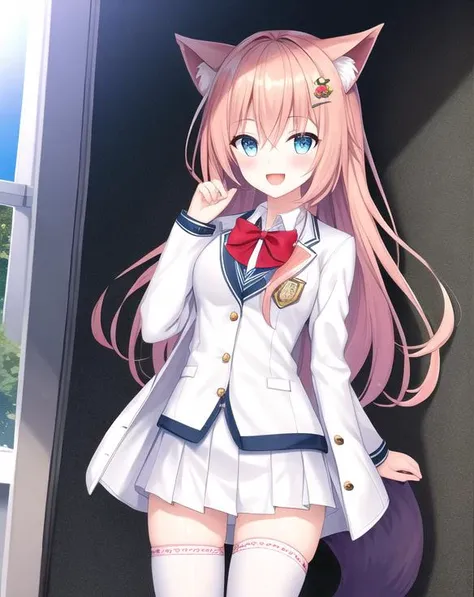 masterpiece,((best quality)),(extremely detailed CG unity 8k wallpaper), 1girl,highres, animal_ears, tail,hair_ornament,long_hair,small_breasts, open_mouth, blush, looking_at_viewer, bare_shoulder, smile, solo ,look at viewer,colored_hair ,long_hair, eyebrows_visible_through_hair, hair_between_eyes, school uniform,white jacket,(legwear) <lora:aka:0.6>