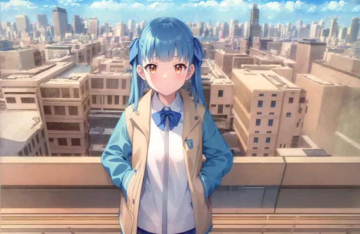 masterpiece,best quality, 1girl,, solo, twintails, hands in pockets, bow, hair, eyes, looking at viewer, bangs, skirt, shirt, jacket, bowtie, long hair, open clothes, closed mouth, collared shirt, hood, hair ribbon, ribbon, bangs, city,open jacket, pleated skirt, school uniform, (detailed cityscape:1.3), long sleeves, outdoors , sunshine from front of the girl, blue cityscape near sea,  shirt, colorful,  young colors, satuated, gray buildings lighted by sun in the city
Negative prompt: EasyNegative , grayscale,(low quality:1.3), (worst quality:1.3)，bad quality, normal quality, worst quality,
Steps: 25, Sampler: DPM++ 2S a Karras, CFG scale: 7, Seed: 153626974, Size: 1080x704, Model hash: 7f96a1a9ca, Model: anythingV5Anything_anythingV5PrtRE, Denoising strength: 0.75, ControlNet-0 Enabled: True, ControlNet-0 Module: invert (from white bg & black line), ControlNet-0 Model: control_v11p_sd15_lineart [43d4be0d], ControlNet-0 Weight: 1, ControlNet-0 Guidance Start: 0, ControlNet-0 Guidance End: 1, ControlNet-1 Enabled: True, ControlNet-1 Module: tile_gaussian, ControlNet-1 Model: control_v11u_sd15_tile [1f041471], ControlNet-1 Weight: 1.1, ControlNet-1 Guidance Start: 0, ControlNet-1 Guidance End: 1, ControlNet-2 Enabled: True, ControlNet-2 Module: depth_leres, ControlNet-2 Model: control_v11f1p_sd15_depth [cfd03158], ControlNet-2 Weight: 1, ControlNet-2 Guidance Start: 0, ControlNet-2 Guidance End: 1, Hires upscale: 2, Hires steps: 25, Hires upscaler: Latent