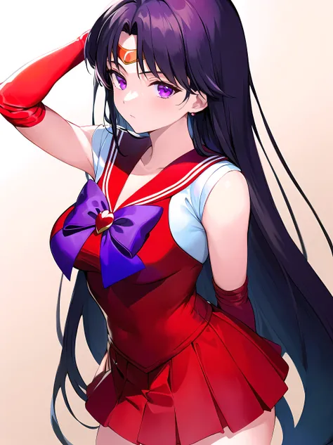 (masterpiece:1.3), (absurdres:1.3), (best quality:1.3), hand of Guido Daniele, (ultra-detailed:1.3),(best shadow:0.7), (handled hair), 1girl, solo,  <lora:sailorMarsSailorMoon_v10:0.8>, SMMars, very long hair, parted bangs, SMMars, purple eyes, sailor senshi uniform, red sailor collar, red skirt, elbow gloves, gold circlet, arms_behind_back,