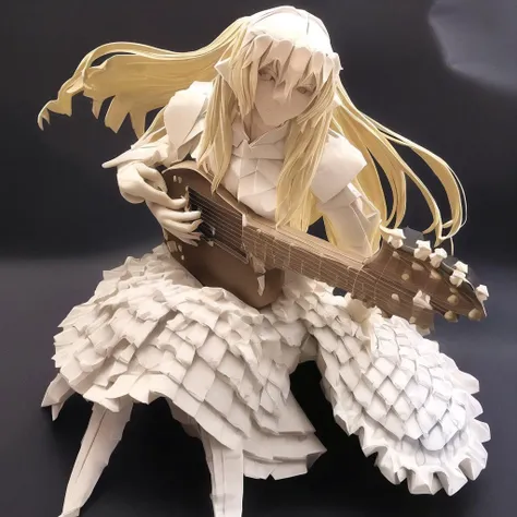 materpiece, best quality, ultra-detailed, made of paper, a beautiful origami girl playing guitar, long hair, blonde hair, beautiful face, full body, in the night,milkyway, ,<lora:origamiV2:1>