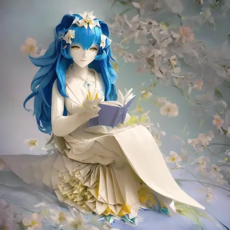 masterpiece, best quality, ultra-detailed,hd photo, made of paper, a beautiful origami girl reading a book,sitting, curvy hair, blue hair, beautiful face, full body, (in a classroom:1.2), colourful flowers, <lora:origamiV2:1>